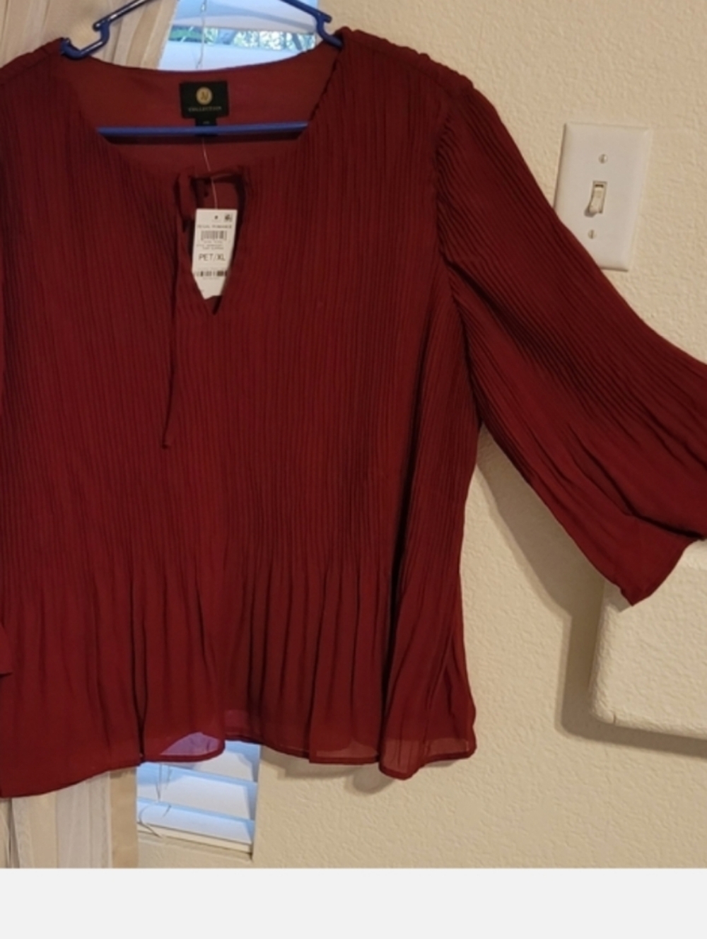 JM Collection Wine Pleated Tie-Neck Blouse - Picture 4 of 6